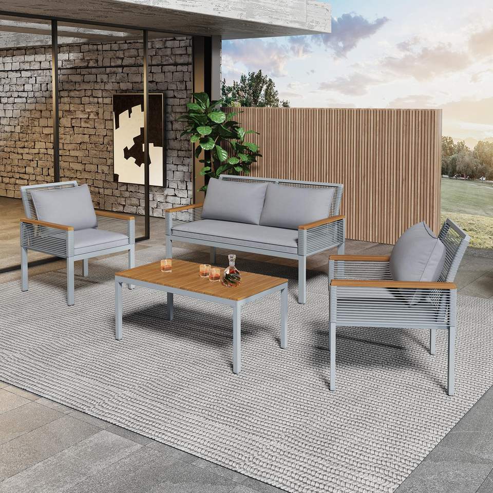 AJUNION 4 Seater Rattan Garden Lounge Sofa Acacia Wood Galvanized Steel Tube Garden Furniture Set Terrace Balcony Furniture