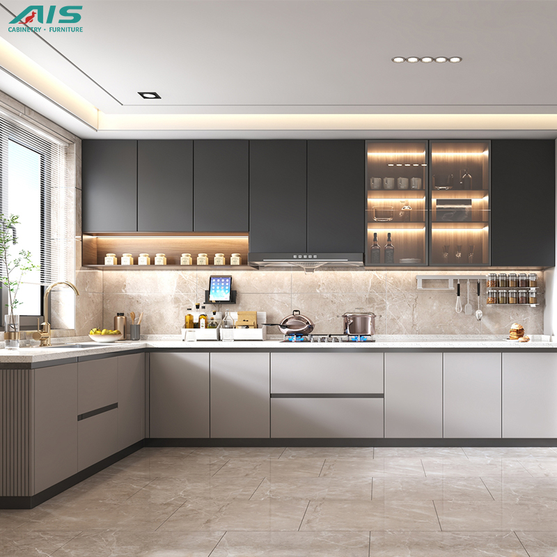 48 Hour Free Design Modern Customized Wooden Kitchen Storage Cabinet L Shape Plywood Kitchen Island Table Set Made in China