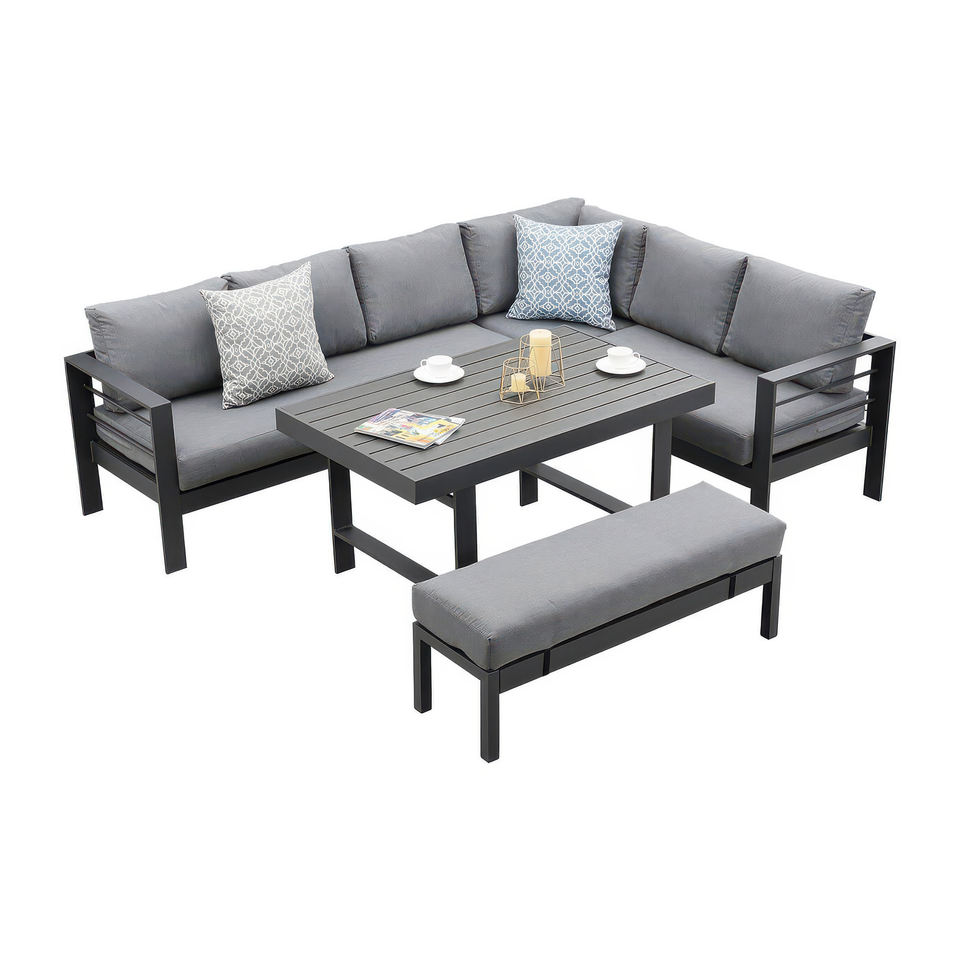 AJUNION Modern Garden Furniture Aluminum Corner Sofa Outdoor Dining Set HDPE Slat Table Top Garden Dining Sofa with Bench